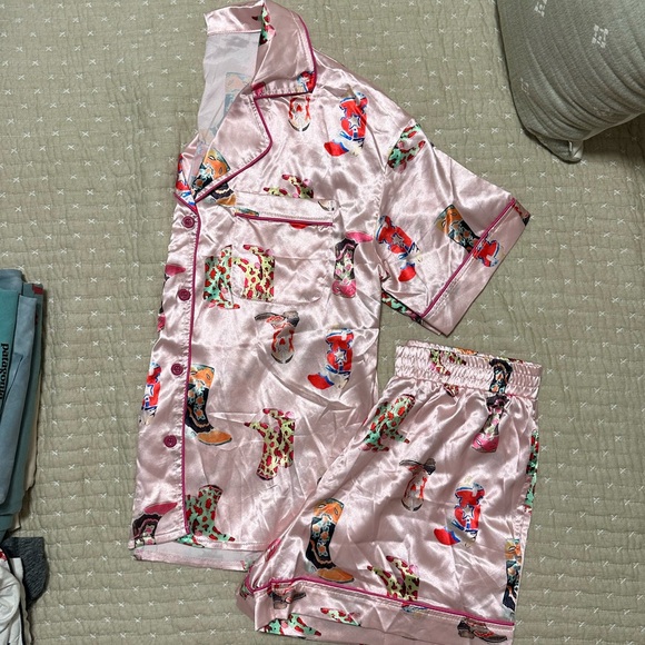 Pink Satin Pajama Set with Cowboot Print - Picture 2 of 6